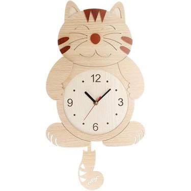 Imagem de Relógio De Parede Padrão De Gato De Madeira Cauda Oscilante Pêndulo Relógios De Desenho Animado Bateria Operado Quarto Home Decor Madeira Pendurado