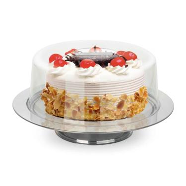 Imagem de Prato P/ Bolo Boleira Com Pedestal 33cm Inox Cúpula Acrílico