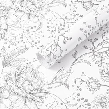 Imagem de Safiyya Papel de parede de contato floral boho 497.8 cm x 43.9 cm papel de parede cinza e branco moderno autoadesivo removível para quarto banheiro rolos de vinil