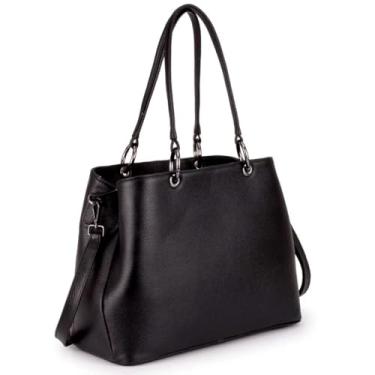 Imagem de Bolsa Feminina de Couro Legítimo, Preta, Alça Dupla, com Compartimentos Múltiplos e Alça Transversal