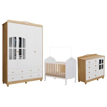 Imagem de Dormitório Infantil Elô Janelas Guarda Roupa, Cômoda E Berço Branco Brilho/amêndoa - Móveis Peroba