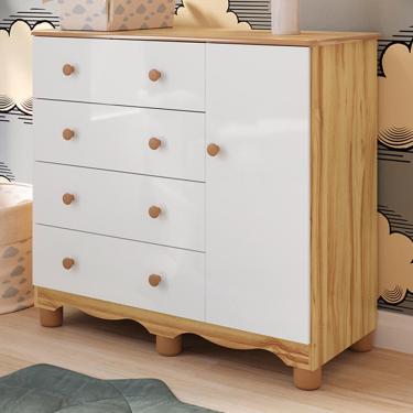 Imagem de Cômoda Infantil Júnior New 1 Porta E 4 Gavetas Branco Brilho/amêndoa - Móveis Peroba