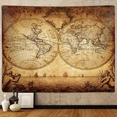 Imagem de Tapeçaria de mapa do velho mundo para quarto, arte de mapas náuticos vintage do mundo pequenas tapeçarias para pendurar na parede para dormitório universitário, sala de estar, decoração de escritório, 102 x 76 cm, cobertor de pôster mapa do tesouro pirata marrom