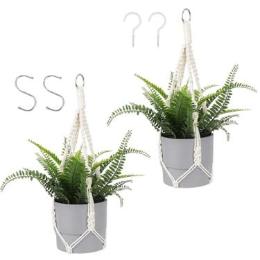 Imagem de Cabide para plantas de macramê, 2 peças de cabides de plantas, cesta suspensa para uso interno com 2 ganchos, contas de madeira, suporte decorativo para vaso de flores para decoração de casa boho