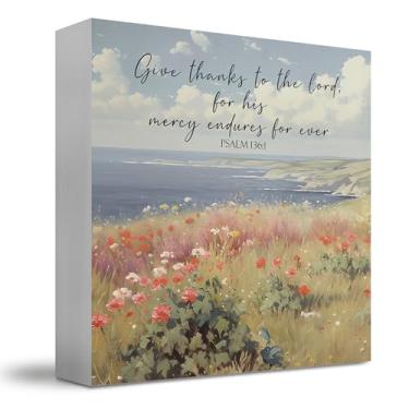 Imagem de JUIOEIU Decoração de mesa cristã, placa de madeira com salmo 136:1, versículos da Bíblia cristã, placa de bloco de madeira inspiradora para decoração de mesa, prateleira de mesa de escritório em casa