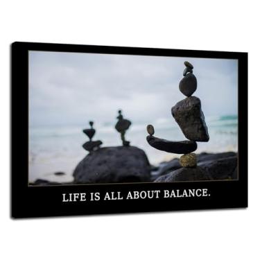 Imagem de Decoração de parede com citação inspiradora "Life is All About Balance", pedras de meditação empilhadas com significado zen, motivacional, arte de parede, impressão em tela para casa, sala de estar