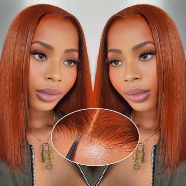 Imagem de GUDOZO Bob Peruca de cabelo humano sem cola 9 x 6 HD perucas de cabelo humano 200% densidade marrom avermelhado sem cola perucas de cabelo humano pré-cortadas pré-cortadas sem cola para mulheres