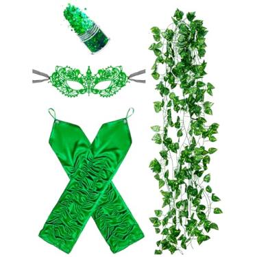 Imagem de POEWAUVE Acessórios de fantasia de hera de Halloween, incluídas luvas verdes longas sem dedos 5 peças de videiras artificiais de hera verde máscaras verdes para cosplay feminino de Halloween