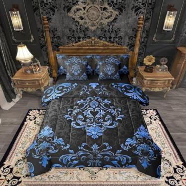 Imagem de Erosebridal Conjunto de edredom King gótico preto e azul, vintage, boêmio, damasco, floral, boêmio, exótico, gótico para crianças e adultos, conjunto de lençol com flores barrocas vitorianas