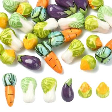 Imagem de UR URLIFEHALL 24 peças, 6 estilos, contas de porcelana com tema vegetal, feitas à mão, milho, repolho, cenoura, contas espaçadoras soltas para fazer joias, colar e pulseiras