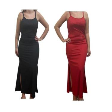 Imagem de KIT C/2 Vestidos Longo Canelado com Fenda - Emporio J, Preto, Vermelho