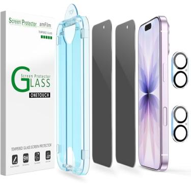 Imagem de amFilm Protetor de tela OneTouch Privacy para iPhone 17 de 6,3 polegadas + protetor de lente de câmera | Instalação de alinhamento automático | Sem bolhas | Vidro temperado 9H | À prova de