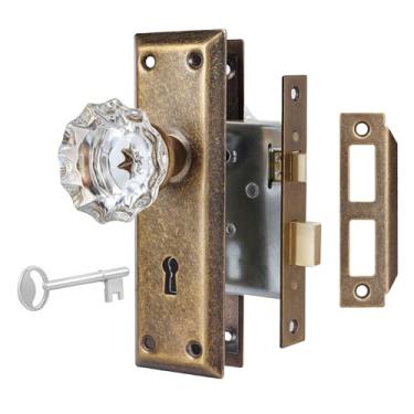 Imagem de newliplace Conjunto de fechadura de encaixe atualizado para porta interna, maçanetas de vidro de cristal de latão antigo vintage com trava e chave de esqueleto, porta de estilo antigo reversível para