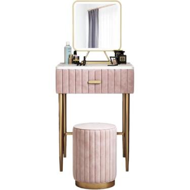 Imagem de Conjunto De Mesa De Vaidade Pequena Moderna, Mesa De Maquiagem Com Gavetas E Espelho, Mesa De Maquiagem Com Banquinho Redondo Acolchoado, Estrutura De Ferro Com Tampo De Mármore, Pink, 40x60cm