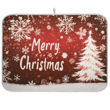 Imagem de Tapete de secagem de pratos de Natal, vermelho, marrom, flocos de neve, árvore branca, madeira, tapete de escorredor de pratos de Natal para balcão de cozinha, tapete de secagem de 45,7 x 61 cm,