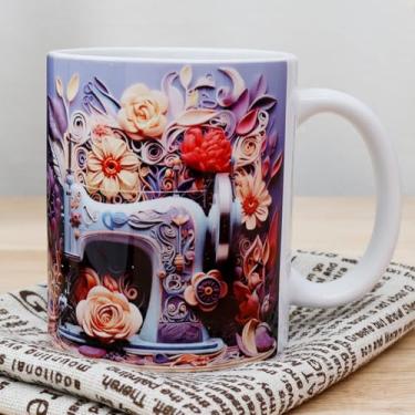 Imagem de Tzdxfgl Caneca de máquina de costura 3D de 325 ml, caneca pintada de costura 3D criativa, copo de cerâmica branca com design espacial 3D, copo de máquina de costura multiuso para amantes de colchas