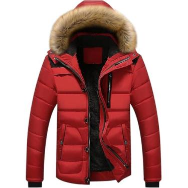 Imagem de Casacos De Pele Masculina Com Capuz Parka Down Jaqueta Térmica à Prova De Vento Forrada De Lã Quente Casaco Acolchoado De Inverno, Red, XXL