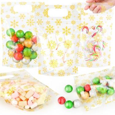 Imagem de Fuutreo 50 unidades de sacos de presente de floco de neve, bolsas de lacre de Natal transparentes com alças, bolsa de plástico de Natal dourada resselável para festa de Natal, inverno, férias, doces
