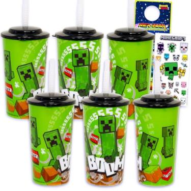Imagem de Minecraft Copos reutilizáveis para crianças de 473 ml - Conjunto de 6 peças de lembrancinha de festa de videogame com copo de 473 ml com tampa e canudo mais adesivos para meninos e meninas | Copo