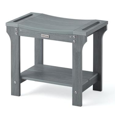 Imagem de Banco de chuveiro impermeável de 51 cm para chuveiro interno, banco de banheiro HDPS para barbear as pernas, assento de cadeira de banho de plástico de 2 camadas com prateleira, sem manutenção, cinza