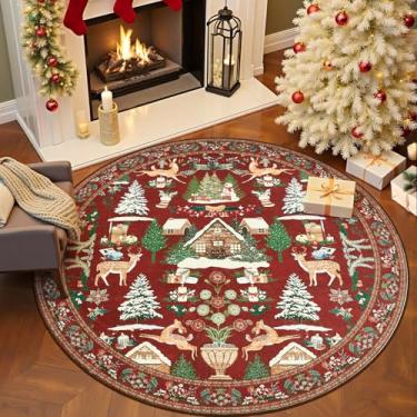 Imagem de jinchan Tapete redondo de Natal para sala de estar 1,8 m círculo marrom tapete de férias para quarto estampado árvore de Natal e cabine 1,8 m decoração de natal tapete lavável para sala de jantar hall
