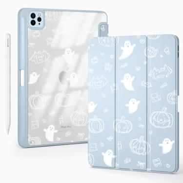 Imagem de BlHMCASE Linda capa fantasma de Halloween para iPad 7ª/8ª/9ª geração, 10,2 polegadas 2019/2020/2021 com suporte para lápis, hibernar/despertar automático, capa traseira de acrílico de couro azul