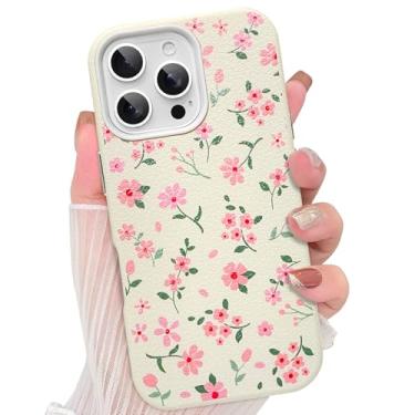 Imagem de AIGOMARA Capa para iPhone 16 Pro Max, linda estampa floral rosa, capa protetora de couro antiarranhões à prova de choque para mulheres e meninas, branca