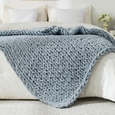 Imagem de YAAPSU Cobertor de malha grossa para sofá, 129,5 x 160 cm, 100% tricotado à mão com fio de chenille jumbo aconchegante, cobertores macios de crochê com nó de corda grande para decoração de sofá cama e