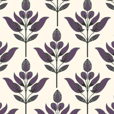 Imagem de BOKEBEVE Papel de parede bege roxo para contato com folhas, papel de parede floral boho para cozinha, bancada, sala de estar, escadas, gaveta, armário, moderno, removível, 43 x 38 cm