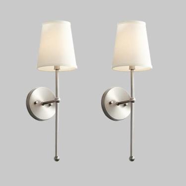 Imagem de Luminária de parede clássica rural, luminária de parede com abajur de tecido vintage com suporte de coluna linear de níquel/latão, luminária de banheiro têxtil alargada branca de fazenda, lu