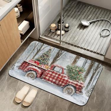 Imagem de ZTHLL Tapetes de banheiro de caminhão vermelho vintage, tapetes de banheiro para banheiro, tapete de banho absorvente de árvore de Natal, suporte de borracha antiderrapante, lavável, tapete de porta