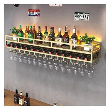 Imagem de Prateleiras flutuantes de unidade de bar, rack de vinho de 2 camadas de estilo industrial montado na parede rack de vidro de vinho invertido com luz LED para decoração de sala de jantar de bar de casa