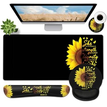 Imagem de Mouse pad grande, mouse pad ergonômico com descanso de pulso e teclado descanso de pulso conjunto 4 em 1, 80 x 30 cm almofada de mesa estendida para escritório em casa, girassol Christian Proverbs 31
