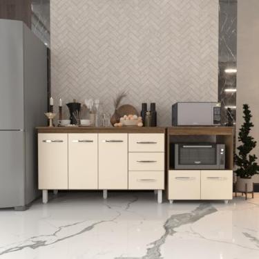 Imagem de Mobília Decor, Gabinete Armário Carine 138 cm com Tampo Tampão e Balcão Amanda para Forno e Microondas Savana e Off White