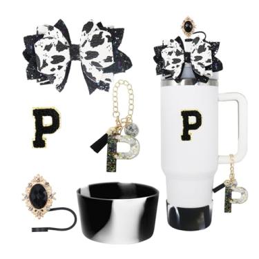 Imagem de RENUIS Conjunto de 5 peças de acessórios para copo Stanley de 30 e 1,134 g com alça, incluindo topo de palha, bota de silicone com glitter, decoração de arco de palha, pingente de letra de