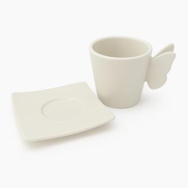Imagem de Xícara de Café em Porcelana com Design de Borboleta, Branca, 60ml, com Pires Decorativo