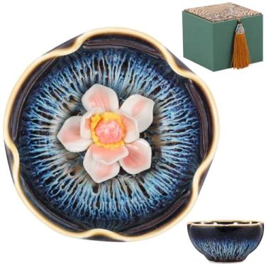 Imagem de Xícara de chá de cerâmica de 85 g Kungfu Tigela de chá requintada de porcelana vintage para coleção de chás de café (azul marinho, lírio d'água)