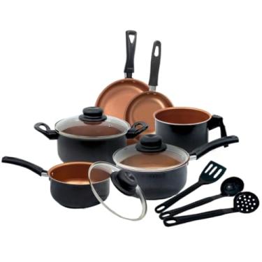 Imagem de Jogo de Panelas, Antiaderente, Fácil de Lavar, Aquece Uniformemente, Tampa de Vidro(Preto com Cobre)