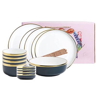Imagem de Conjunto de pratos – Conjunto de louça de 18 peças para 4 pessoas, conjuntos de pratos e tigelas, conjunto de jantar de cerâmica com acabamento em ouro redondo, conjunto de louças de porcelana