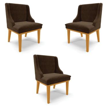 Imagem de Kit 3 Cadeiras Decorativas Sala de Jantar Base Fixa de Madeira Firenze Suede Marrom/Castanho G19 - Gran Belo