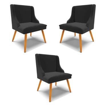 Imagem de Kit 3 Cadeiras Decorativas Sala de Jantar Pés Palito de Madeira Firenze Veludo Preto/Natural G19 - Gran Belo