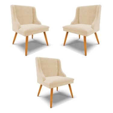 Imagem de Kit 3 Cadeiras Decorativas Sala de Jantar Pés Palito de Madeira Firenze Suede Bege/Natural G19 - Gran Belo