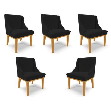Imagem de Kit 5 Cadeiras Decorativas Sala de Jantar Base Fixa de Madeira Firenze Linho Preto/Castanho G19 - Gran Belo