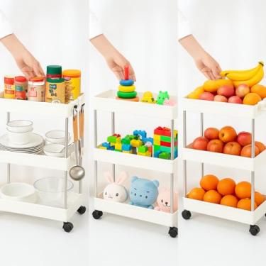 Imagem de Prateleira com Rodinhas Fruteira 3 Andares Plástico Organizador Cozinha Banheiro Lavanderia Escritório com 4 Ganchos Cesta Carrinho Auxíliar Slim Branco