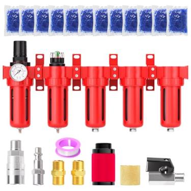 Imagem de MEANLIN Sistema de secagem a ar de alumínio NPT de grau industrial de 5 estágios de 0,9 cm, filtro coalescente, filtro de partículas, secador de dessecante triplo e regulador de ar, dreno manual para