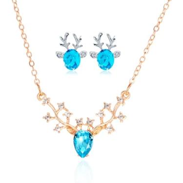 Imagem de QLUYCKW Conjunto de brincos de colar de rena de Natal para mulheres, lindo brinco de rena de pérola branca chifres delicados na moda, colar com pingente de veado para festas de Natal, Medium, Liga de