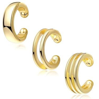 Imagem de POXTEX Brincos de orelha banhados a ouro 14K sem dor e antiderrapantes para mulheres, não perfurados, zircônia cúbica redonda delicada e grossa, conjunto de brincos de cartilagem com clipe à prova d'água para presentes femininos, Ouro amarelo, Sem pedra preciosa