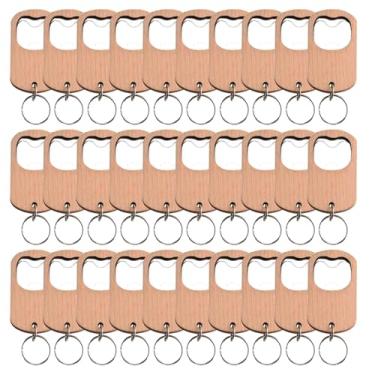Imagem de Pacote com 30 abridores de garrafas, chaveiros de madeira em branco para gravação a laser, abridores de garrafas de madeira, chaveiros a granel, etiquetas gravadas para artesanato DIY