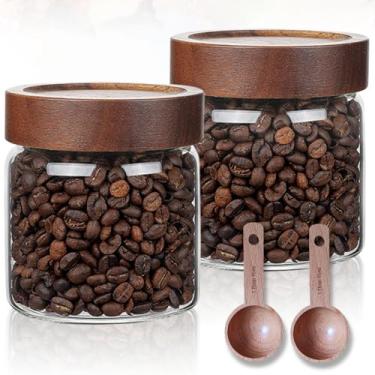 Imagem de JanYoo Pacote com 2 recipientes de café de vidro com tampas e colher, 500 ml, pote de armazenamento de alimentos com tampas herméticas, recipiente redondo para café de cozinha, conjunto de 2 para