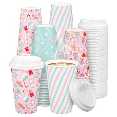 Imagem de Whaline Conjunto de 100 xícaras de café descartáveis de Natal de 473 ml com tampas rosa azul claro doce bengala de gengibre listrado copo de bebida de papel para suprimentos de festa de Natal de